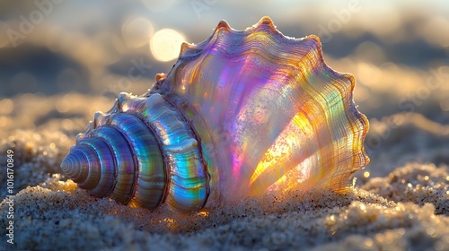 Shimmering seashell with a mix of iridescent colors like blue, purple, green, and yellow. photo