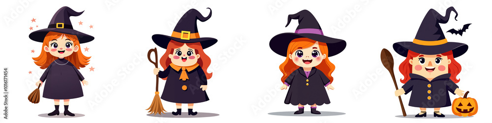 Set of isolated cartoon witches, all with red hair, wearing black dresses and hats. Each witch is holding a different Halloween-themed object, such as a broom, wand, or a pumpkin. Set of isolated cartoon witches, all with red hair, wearing black dresses and hats. Each witch is holding a different Halloween-themed object, such as a broom, wand, or a pumpkin.
