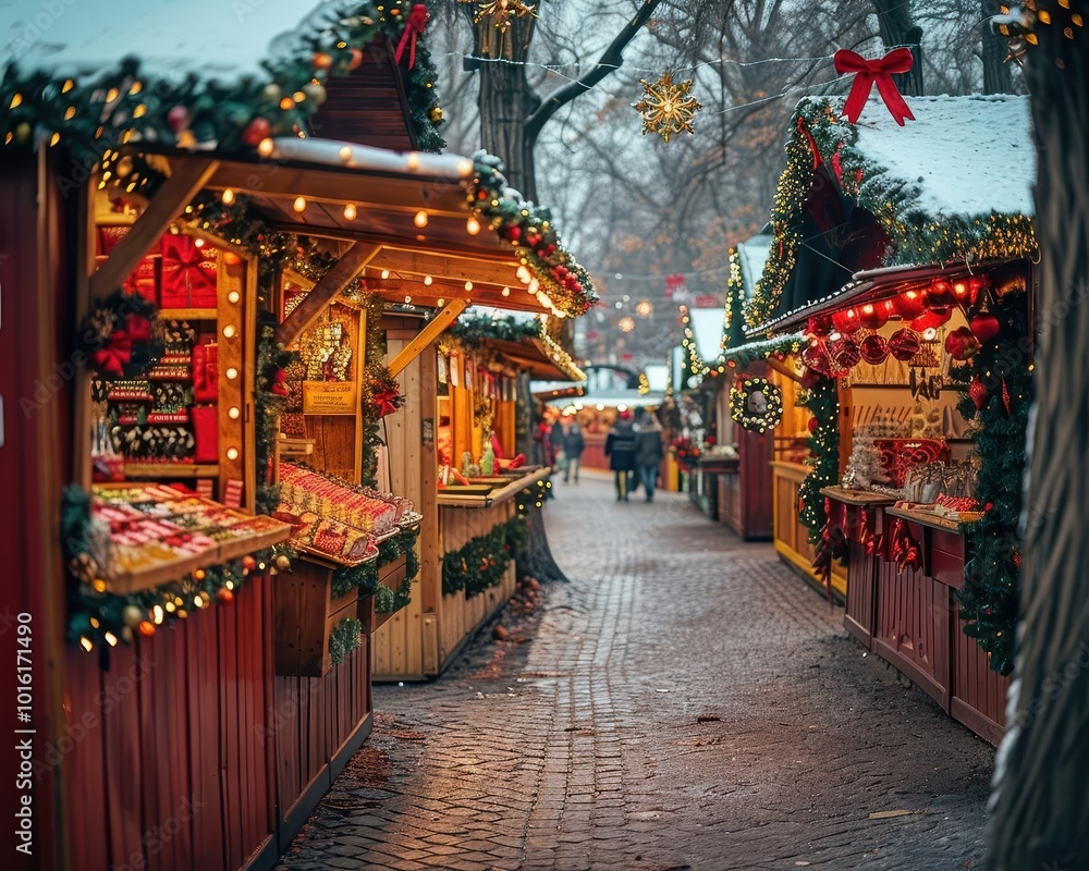 Fototapeta premium Christmas markets with festive decorations and stalls, vibrant and joyful, Urban, Bright hues, Photograph, Holiday spirit