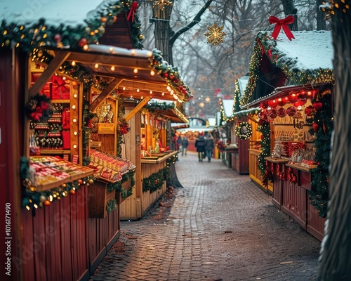 Christmas markets with festive decorations and stalls, vibrant and joyful, Urban, Bright hues, Photograph, Holiday spirit