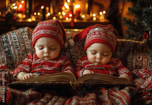 Two adorable infants in festive red christmas attire peacefully napping beside a cozy fireplace with a book during the holiday season