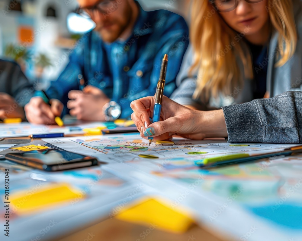 Fototapeta premium Collaborative brainstorming sessions in modern offices, dynamic and creative, Urban, Bright hues, Photograph, Team innovation