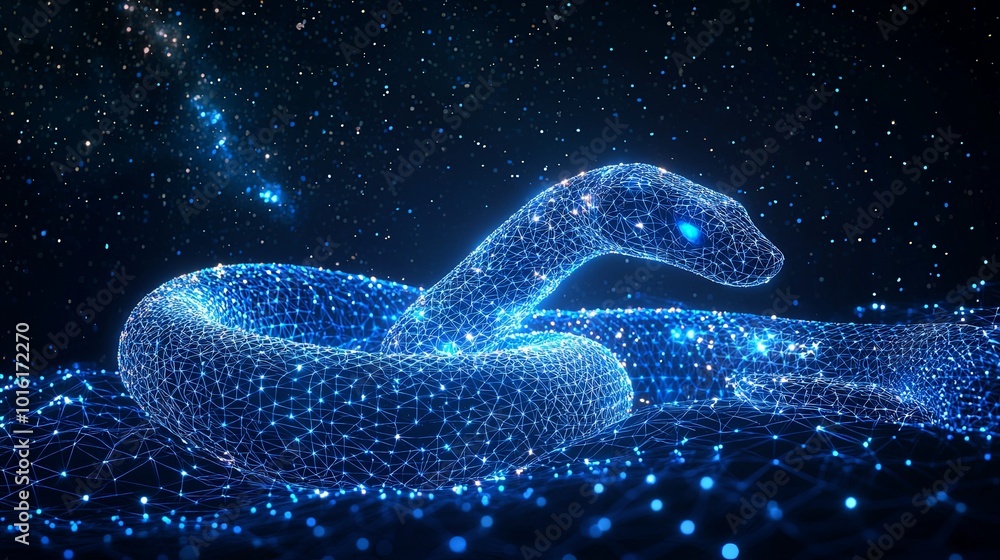 A depiction of a snake formed by digital, glowing networks, weaving fluidly through a mesmerizing night sky filled with stars, signifying harmony and wonder. A depiction of a snake formed by digital, glowing networks, weaving fluidly through a mesmerizing night sky filled with stars, signifying harmony and wonder.