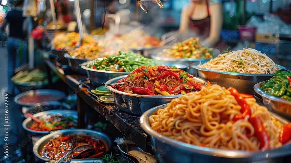 Fototapeta premium Culinary tourism exploring local cuisines and food markets, vibrant and flavorful, Culinary, Bright hues, Photograph, Food journey
