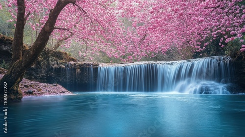 Peaceful Waterfall Underneath Sakura Tree