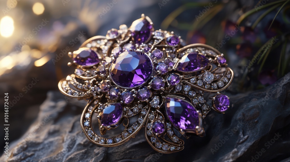 A realistic image of a purple gemstone brooch, with intricate details in the design and sparkling gems reflecting the light. A realistic image of a purple gemstone brooch, with intricate details in the design and sparkling gems reflecting the light.