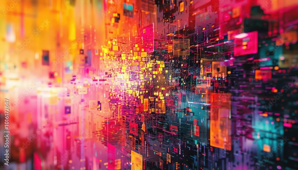 Obraz premium Data glitch art with digital errors, chaotic and colorful, Digital, Bright hues, Illustration, Technological breakdown