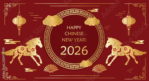 Chinese luxury traditional pattern golden round frame with horses, Chinese gold fan, asian ornaments and lanterns red background. Greeting vector card template. Lunar New Year 2026