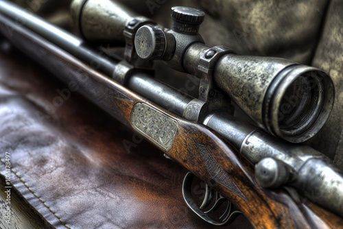 A close-up of a hunting rifle with a scope, resting on a leather surface, showcasing craftsmanship and precision.