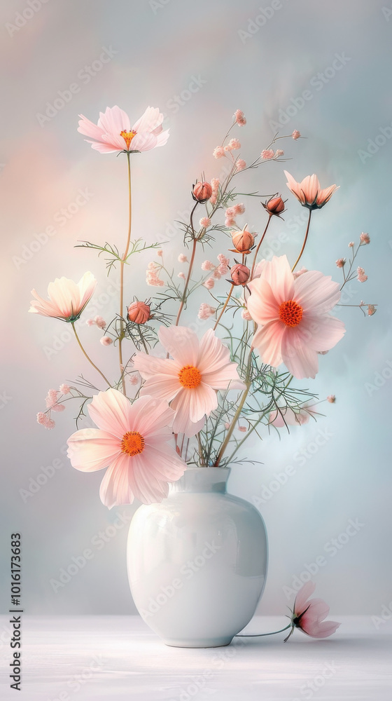 Pink Cosmos Flowers in a White Vase Pink Cosmos Flowers in a White Vase