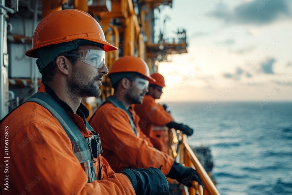 A group of offshore workers, in orange protective gear, stands on an oil platform, observing the vast ocean, symbolizing vigilance and global energy needs. A group of offshore workers, in orange protective gear, stands on an oil platform, observing the vast ocean, symbolizing vigilance and global energy needs.