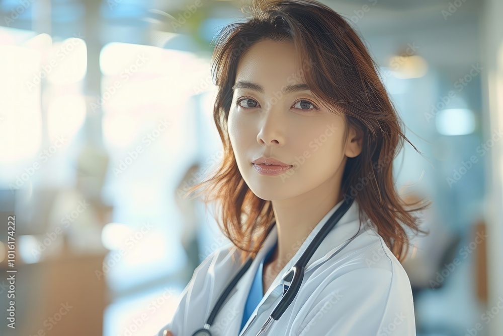 a Korean woman doctor, and shiny brown hair. a Korean woman doctor, and shiny brown hair.