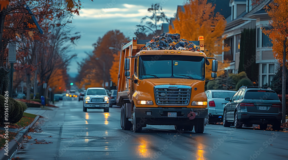 Fototapeta premium A garbage truck traveling down a residential neighborhood road.