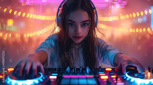 Future girls wear white clothes, wear headsets and dance in clubs. DJ with colorful lights. photo