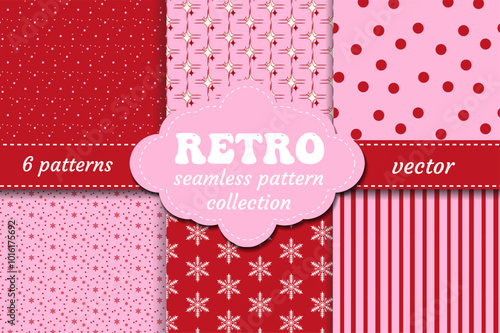 Red and pink retro coquette christmas seamless pattern set with cute snowflakes and polka dots. Vector.