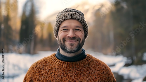 A portrait of a joyful man in a knitted sweater and hat, surrounded by a peaceful winter landscape. photo