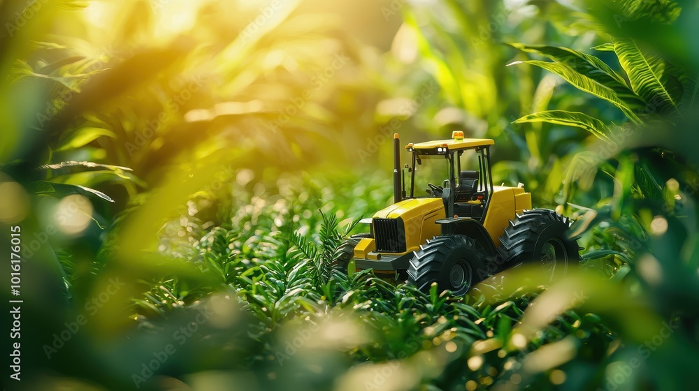 A vibrant yellow tractor working in a lush green field during golden hour, highlighting agricultural practices. A vibrant yellow tractor working in a lush green field during golden hour, highlighting agricultural practices.