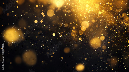 Abstract background with golden bokeh and glitters, decorative art with glow and sequins falling. Banner, wallpaper, luxury award ceremonies and events backdrops.