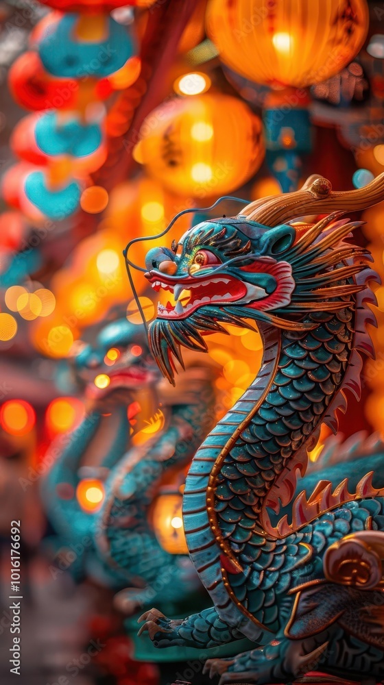 Fototapeta premium Lunar New Year decorations with dragons and lanterns, vibrant and traditional, Urban, Bright hues, Photograph, New Year celebration