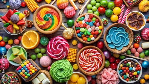 Colorful Assortment of Festive Sweets and Candies: Panoramic Overhead View of Confectionery Background