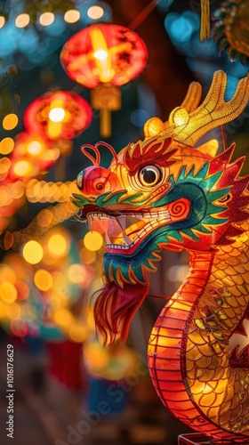 Lunar New Year decorations with dragons and lanterns, vibrant and traditional, Urban, Bright hues, Photograph, New Year celebration