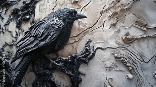 Black Crow Sculpture on Wood: A Detailed Carving photo