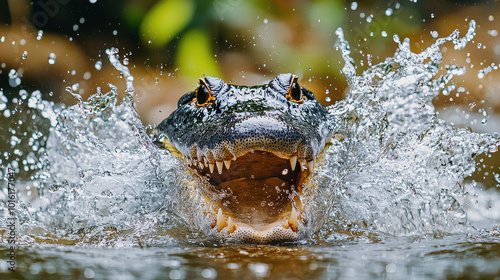 A fierce alligator emerges from the water, mouth wide open, creating an impressive splash, capturing the dynamic energy and wild intensity of nature's raw power.