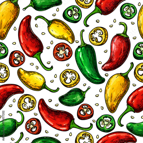 Jalapeno pepper seamless pattern drawing. Hand drawn food background.