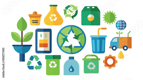 Recycling icons set with waste types and collection flat