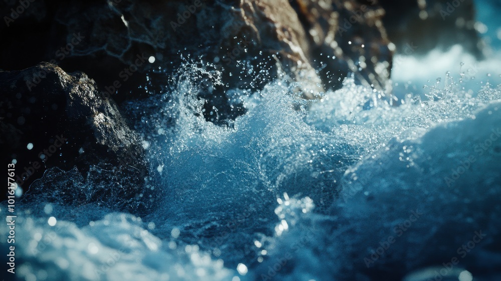 A realistic shot of a sea blue wave crashing against rocks, capturing intricate water droplets and foam illuminated by sunlight. A realistic shot of a sea blue wave crashing against rocks, capturing intricate water droplets and foam illuminated by sunlight.