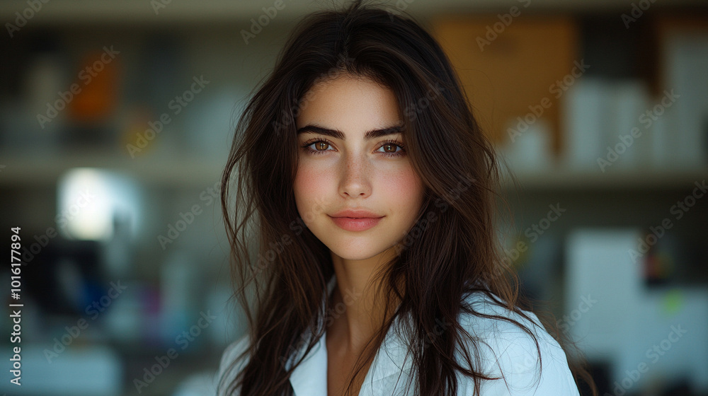 confident and smiling female scientist, embodying intelligence and beauty, in a lab coat. Her expression radiates knowledge, professionalism, and grace, symbolizing the harmony of science and empowerm confident and smiling female scientist, embodying intelligence and beauty, in a lab coat. Her expression radiates knowledge, professionalism, and grace, symbolizing the harmony of science and empowerm