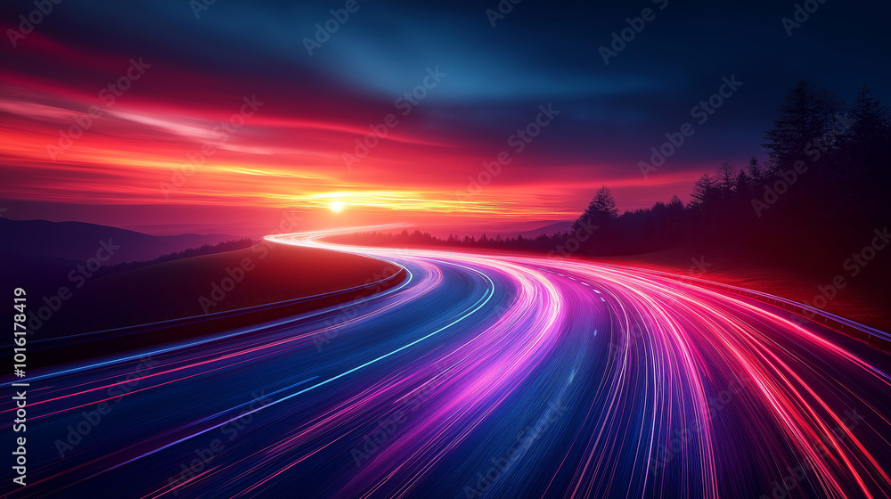 Cars moving on a night highway with long lines from headlights. Long exposure. Cars moving on a night highway with long lines from headlights. Long exposure.