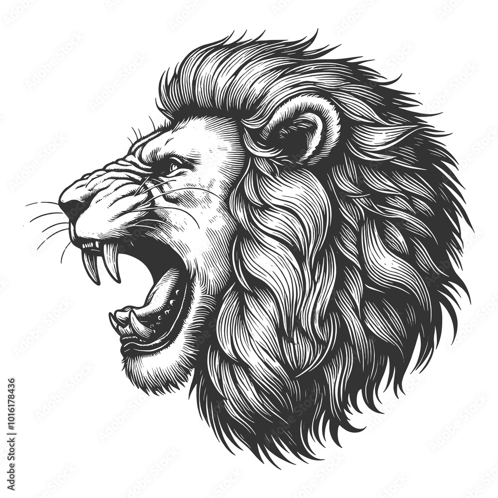 Obraz premium Fierce Lion Head Roaring tattoo growling sketch engraving generative ai raster illustration. Scratch board imitation. Black and white image.