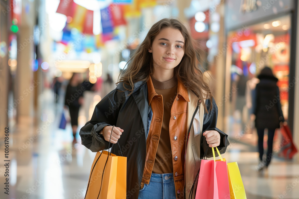 Woman is shopping in a mall with a group of people. She is holding two shopping bags and smiling Woman is shopping in a mall with a group of people. She is holding two shopping bags and smiling