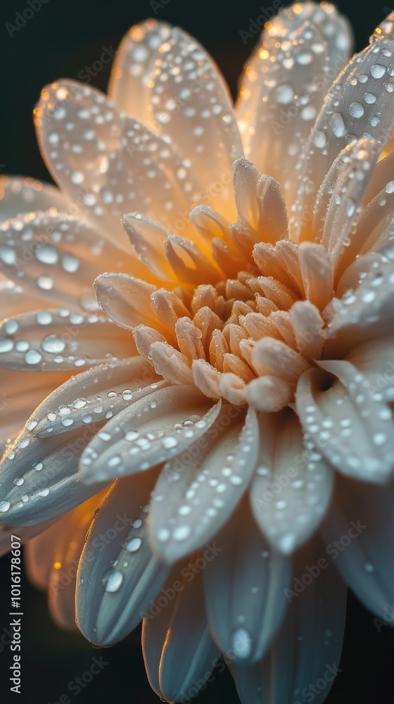 Close up Dew Drops on White Flower Petals at Sunrise Close up Dew Drops on White Flower Petals at Sunrise