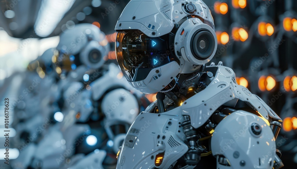 Fototapeta premium Robots performing complex tasks in industrial settings, modern and efficient, Urban, Cool tones, Photograph, Technological advancement