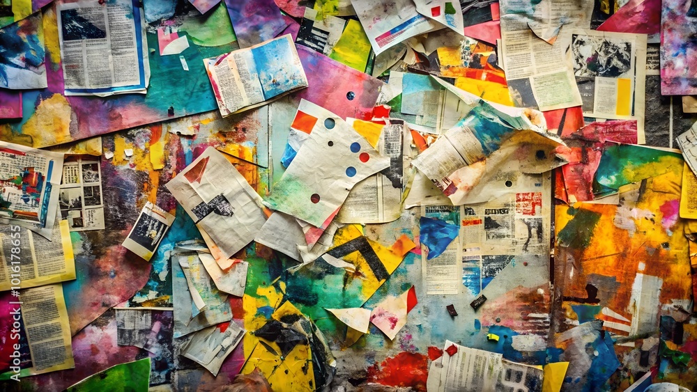 Abstract Backdrop with Newspaper and Magazine Collage: Colorful Grunge Background Featuring Graffiti Art Abstract Backdrop with Newspaper and Magazine Collage: Colorful Grunge Background Featuring Graffiti Art