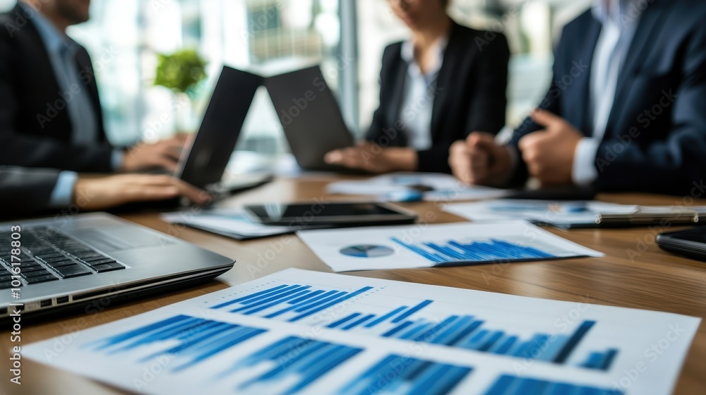 A group of business professionals collaborates over reports and laptops in a modern office setting A group of business professionals collaborates over reports and laptops in a modern office setting
