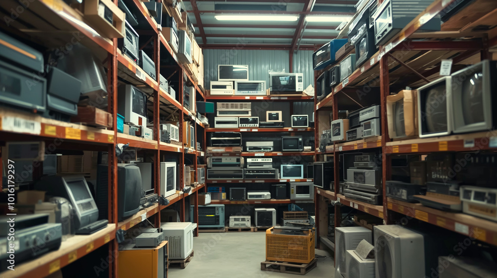 electronics items stored on shelves in a warehouse electronics items stored on shelves in a warehouse