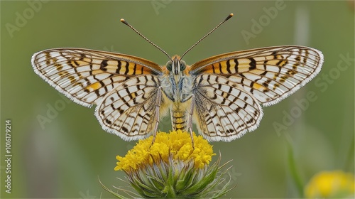 Mariposa Monarca Posa Sobre una Flor Amarilla en Primavera Mariposa monarca con las alas extendidas sobre una flor amarilla en un prado lleno de colores. photo