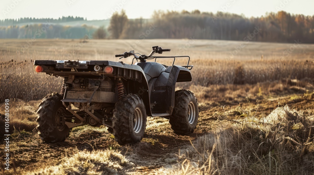 Fototapeta premium Black ATV parked in a field with a forest in the background