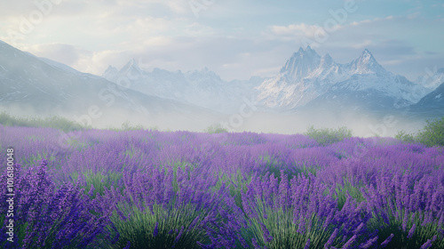 A misty mountain valley blanketed in fields of the soft purple flowers swaying in the breeze, with snow-capped peaks