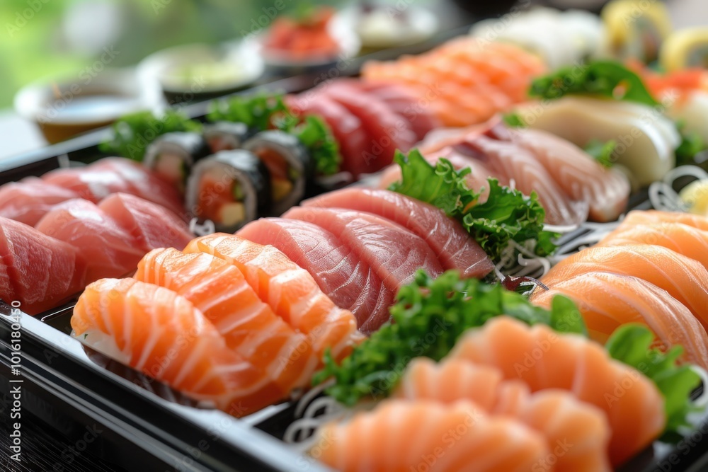 A stunning sushi set featuring a variety of nigiri and sashimi, served with fresh wasabi and ginger for an exquisite Japanese dining experience.
A stunning sushi set featuring a variety of nigiri and sashimi, served with fresh wasabi and ginger for an exquisite Japanese dining experience.