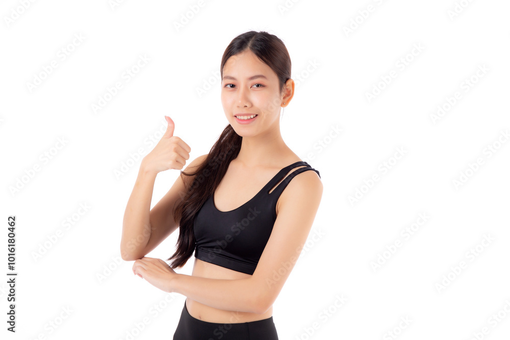 Portrait of beautiful young asian woman in sportswear gesture thumbs up with success isolated white background, sport and exercise for health, training and strength, female slimming with confident. Portrait of beautiful young asian woman in sportswear gesture thumbs up with success isolated white background, sport and exercise for health, training and strength, female slimming with confident.