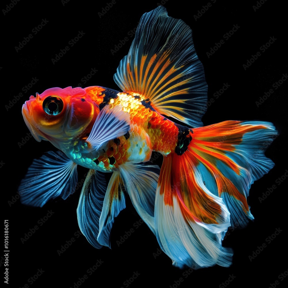 Fototapeta premium Vibrant goldfish display, showcasing a variety of colors and patterns, ideal for aquatic themes and decorative purposes
