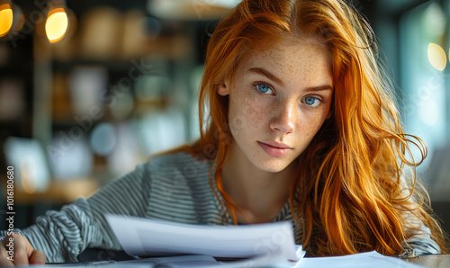 Young Office Employee with Red Hair Working with Documents at Desk in Modern Workspace, Daytime, Focused and Productive, Corporate Environment, Professional Workflow photo