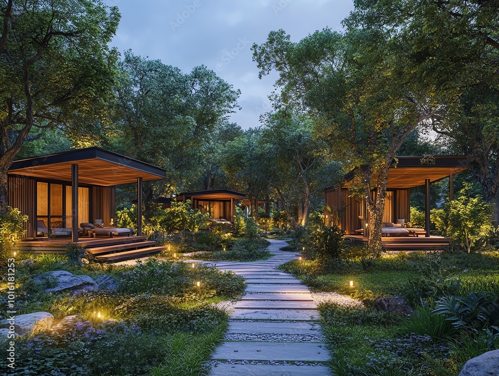 A serene resort with several small wooden cabins nestled in a lush green forest with a path leading between the cabins. A serene resort with several small wooden cabins nestled in a lush green forest with a path leading between the cabins.