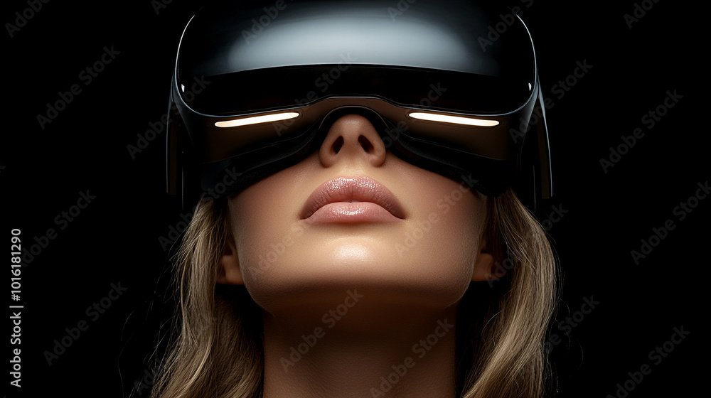 confident businesswoman wearing virtual reality goggles stands immersed in a digital world. The image symbolizes innovation, future technology, and the merging of professional life with virtual spaces confident businesswoman wearing virtual reality goggles stands immersed in a digital world. The image symbolizes innovation, future technology, and the merging of professional life with virtual spaces