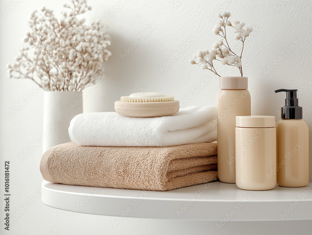 A neutral bathroom shelf with rolled towels, a small plant, and beige-toned skincare bottles arranged neatly for a cozy spa feel. A neutral bathroom shelf with rolled towels, a small plant, and beige-toned skincare bottles arranged neatly for a cozy spa feel.