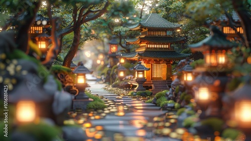 A peaceful, lantern-lit Japanese garden path with traditional wooden pagodas and lush greenery, creating a serene evening ambiance.